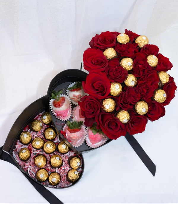 3 - Layer Opening Heart Box with Roses, Ferrero Rocher & Chocolate - Covered Strawberries 💝 - Blooms of Paradise Cambridge