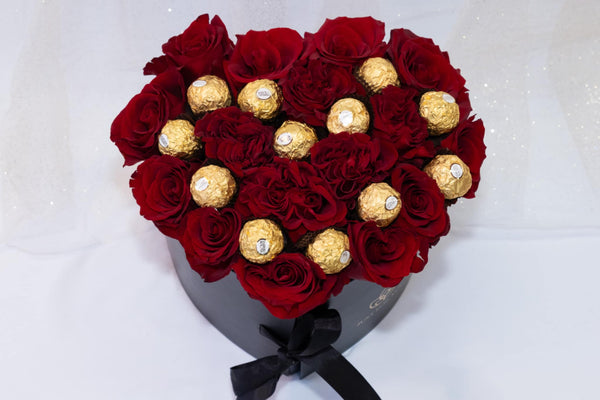 3 - Layer Opening Heart Box with Roses, Ferrero Rocher & Chocolate - Covered Strawberries 💝 - Blooms of Paradise Cambridge