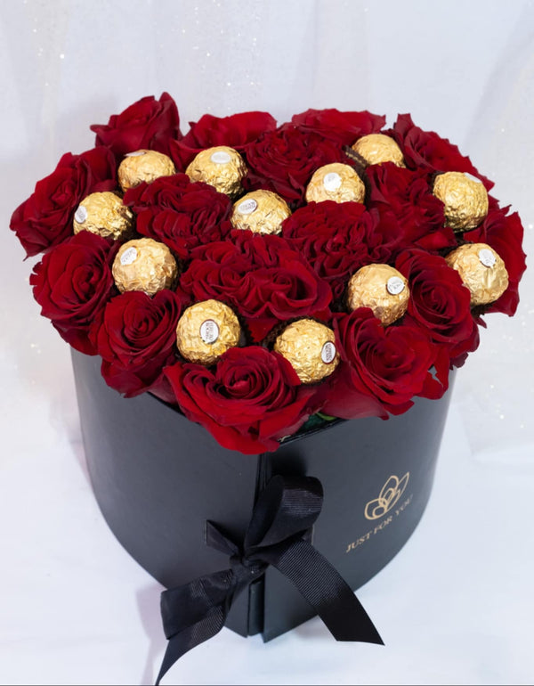 3 - Layer Opening Heart Box with Roses, Ferrero Rocher & Chocolate - Covered Strawberries 💝 - Blooms of Paradise Cambridge