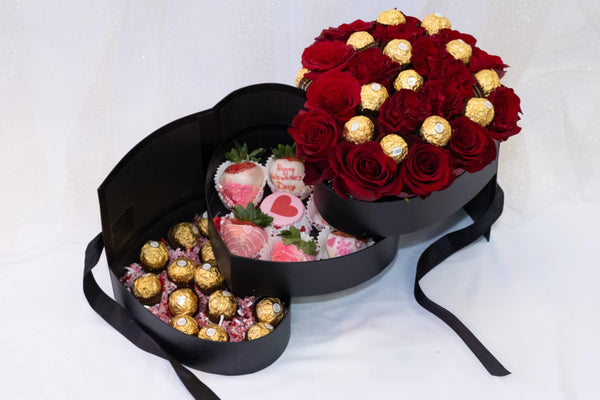 3 - Layer Opening Heart Box with Roses, Ferrero Rocher & Chocolate - Covered Strawberries 💝 - Blooms of Paradise Cambridge