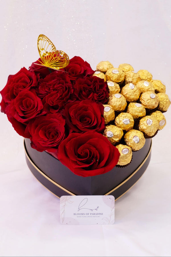 Red Rose & Ferrero Rocher Heart Box - Blooms of Paradise Cambridge