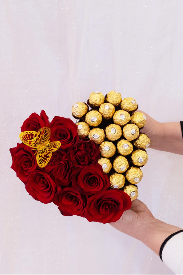 Red Rose & Ferrero Rocher Heart Box - Blooms of Paradise Cambridge