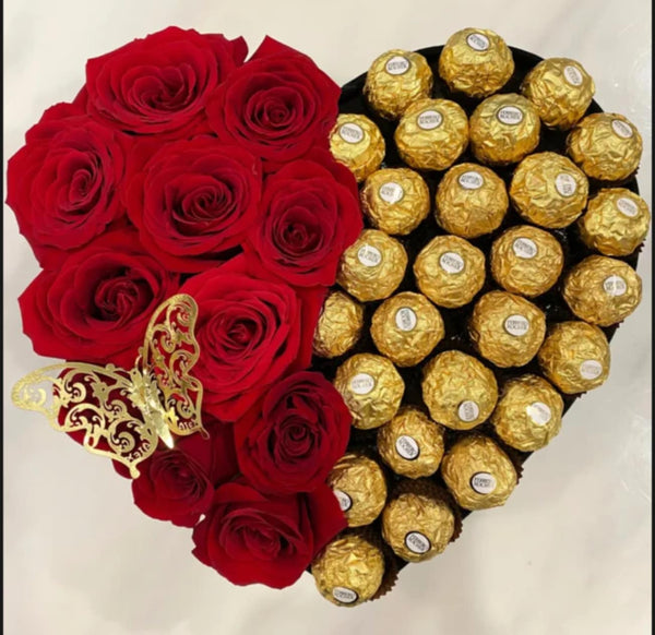 Red Rose & Ferrero Rocher Heart Box - Blooms of Paradise Cambridge