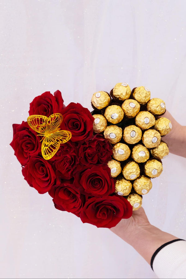 Red Rose & Ferrero Rocher Heart Box - Blooms of Paradise Cambridge