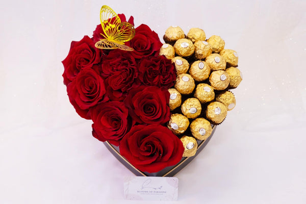 Red Rose & Ferrero Rocher Heart Box - Blooms of Paradise Cambridge