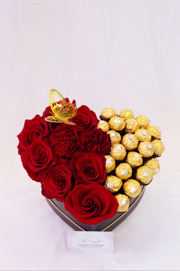 Red Rose & Ferrero Rocher Heart Box - Blooms of Paradise Cambridge