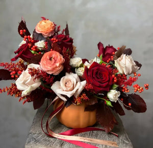 Thanksgiving pumpkin arrangement - Blooms of Paradise Cambridge